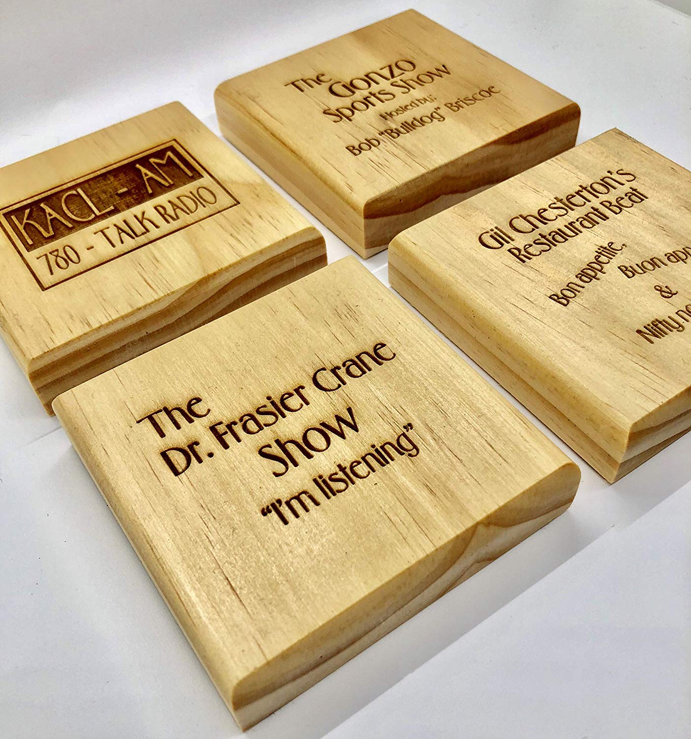 KACL Radio Show Coaster Set - Frasier Fan Gift Engraved REAL Wood Drink Coaster Set