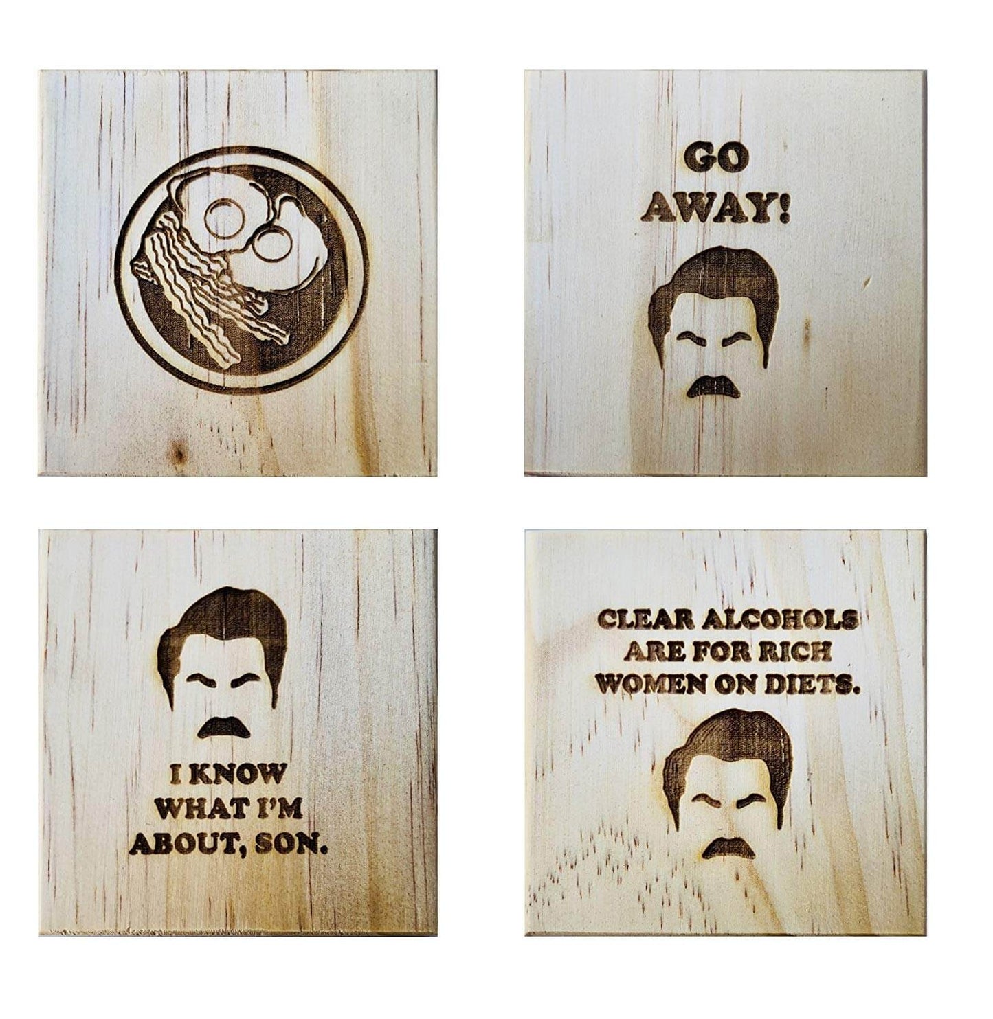 Ron Swanson Coasters: Permanent Engraved Gift Set of 4 Wood Coasters