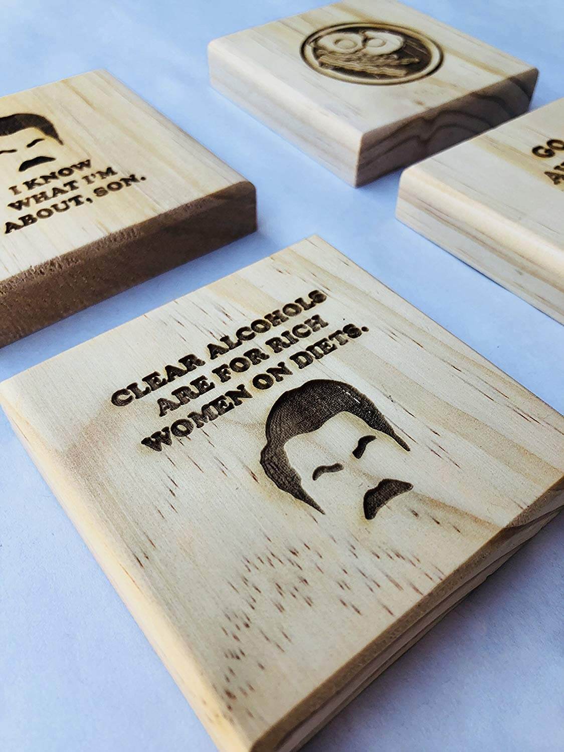 Ron Swanson Coasters: Permanent Engraved Gift Set of 4 Wood Coasters