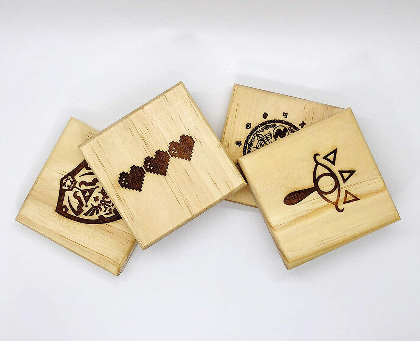 Zelda Drink Coasters - Gift Set of Four Engraved Real Wood Coasters: Eye Symbol, Gate of Time, Hylian Shield, 8 Bit Hearts (Gamer gift)
