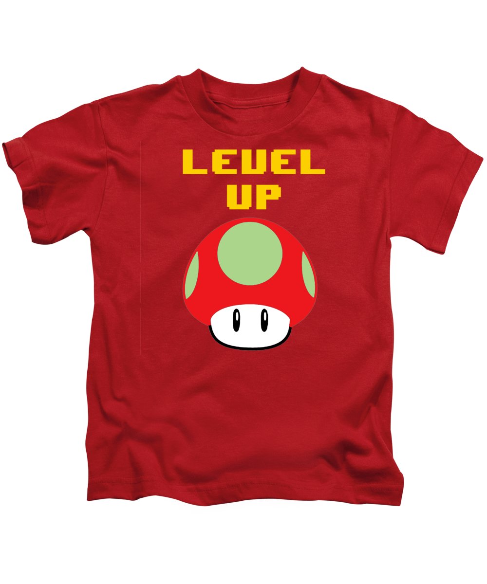 Level Up Mushroom, Classic 8 Bit Entertainment System Characters. Babies From The 80's. - Kids T-Shirt