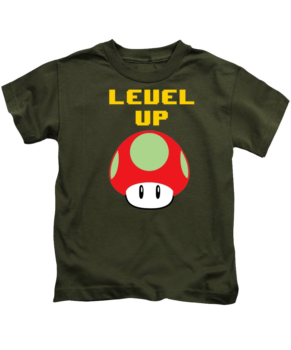 Level Up Mushroom, Classic 8 Bit Entertainment System Characters. Babies From The 80's. - Kids T-Shirt