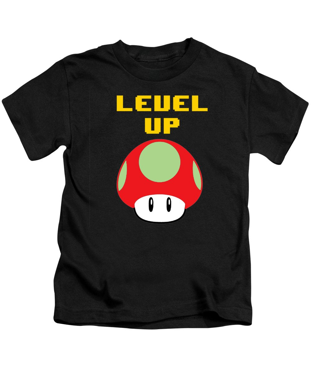 Level Up Mushroom, Classic 8 Bit Entertainment System Characters. Babies From The 80's. - Kids T-Shirt