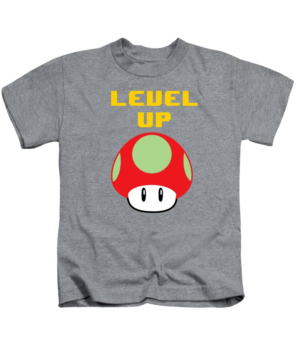 Level Up Mushroom, Classic 8 Bit Entertainment System Characters. Babies From The 80's. - Kids T-Shirt