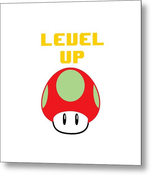 Level Up Mushroom, Classic 8 Bit Entertainment System Characters. Babies From The 80's. - Metal Print