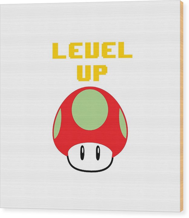 Level Up Mushroom, Classic 8 Bit Entertainment System Characters. Babies From The 80's. - Wood Print