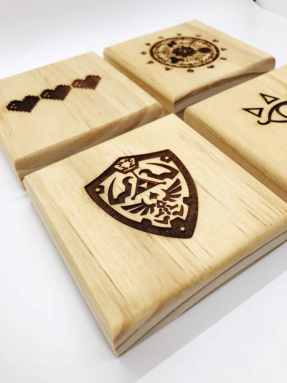 Zelda Drink Coasters - Gift Set of Four Engraved Real Wood Coasters: Eye Symbol, Gate of Time, Hylian Shield, 8 Bit Hearts (Gamer gift)