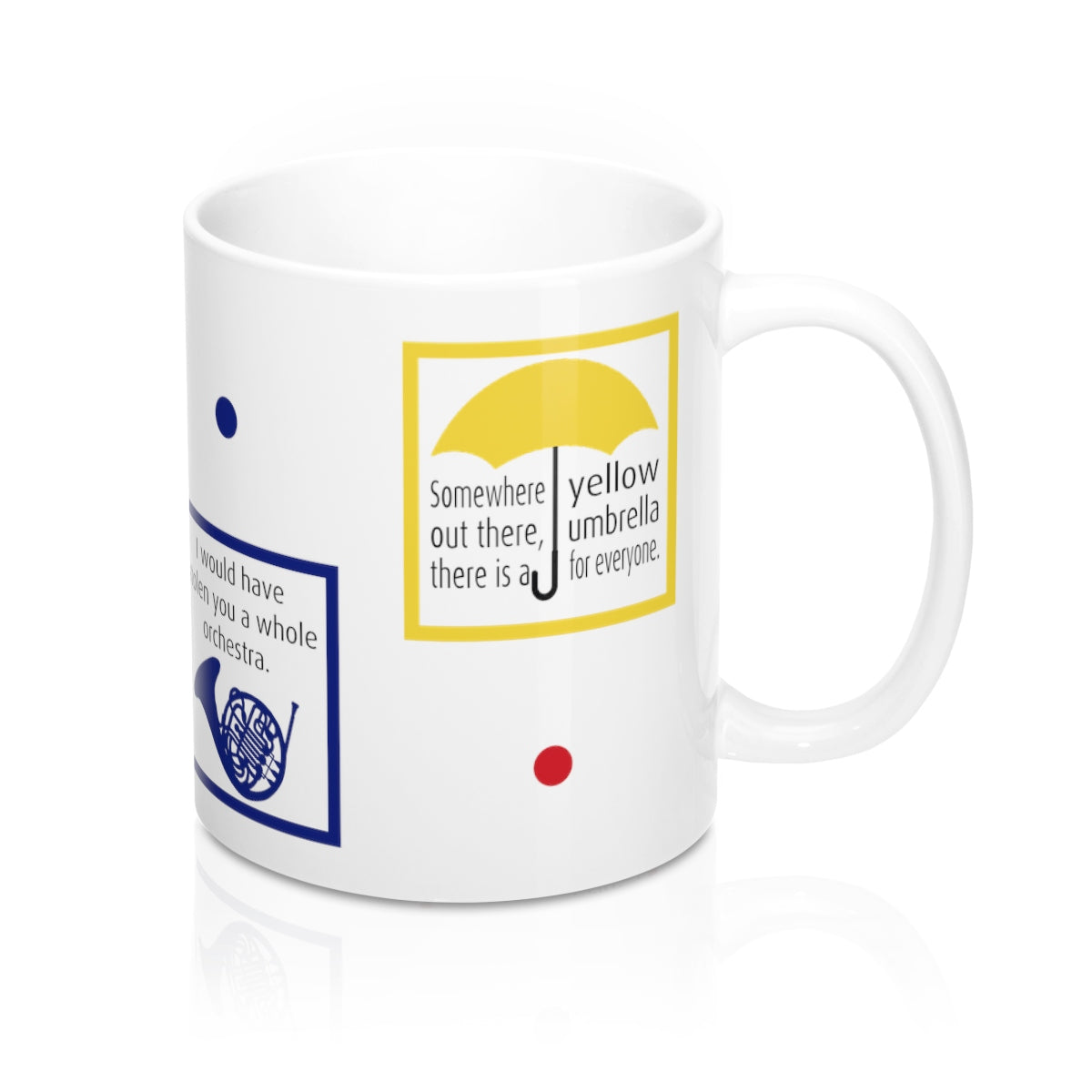 Double - Sided HIMYM Coffee Mug, 11 oz. Ceramic How I Met Your Mother Gift Mug - Yellow Umbrella, Blue French Horn, Barney's Ducky Tie Suit up and Ted's Red Cowboy Boots