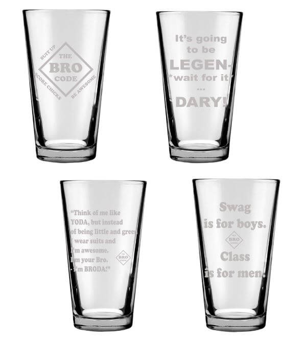 Barney Stinson Glassware Set of 4 Engraved 16oz. Drinking Glasses: The Bro Code, Legen wait for it Dary, Broda, Swag is Boys