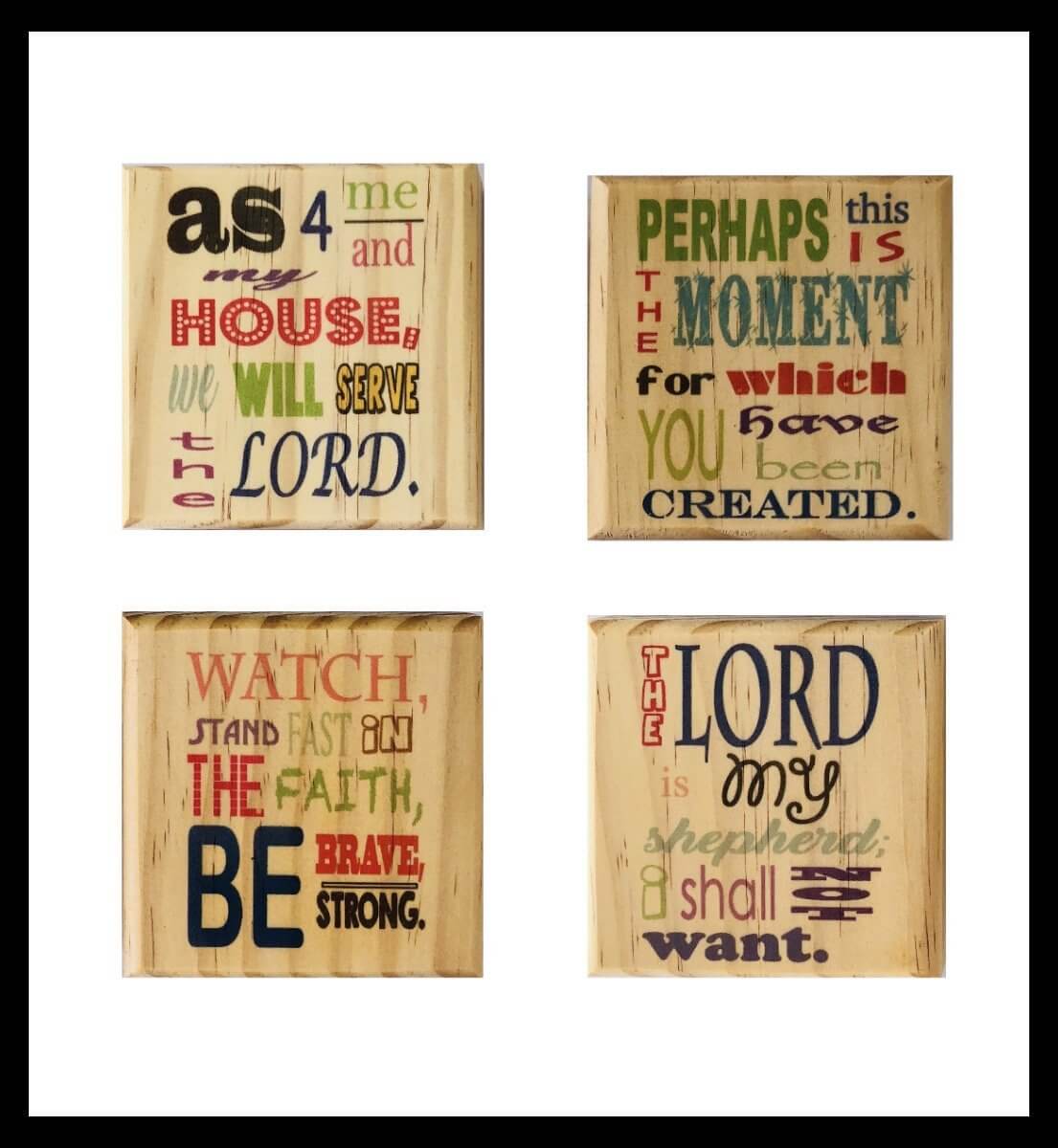 Inspirational Bible Verse Coaster Set: Color Scripture Wooden Coaster Set Joshua 24:15, Esther 4:14, Psalm 23:1, 1 Corinthians 16:13