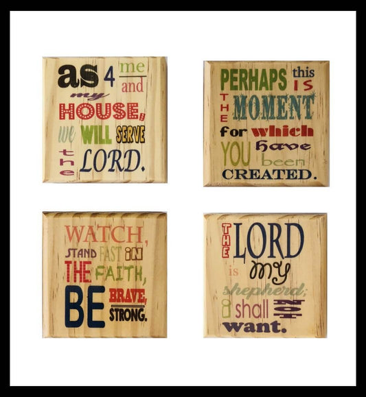 Inspirational Bible Verse Coaster Set: Color Scripture Wooden Coaster Set Joshua 24:15, Esther 4:14, Psalm 23:1, 1 Corinthians 16:13