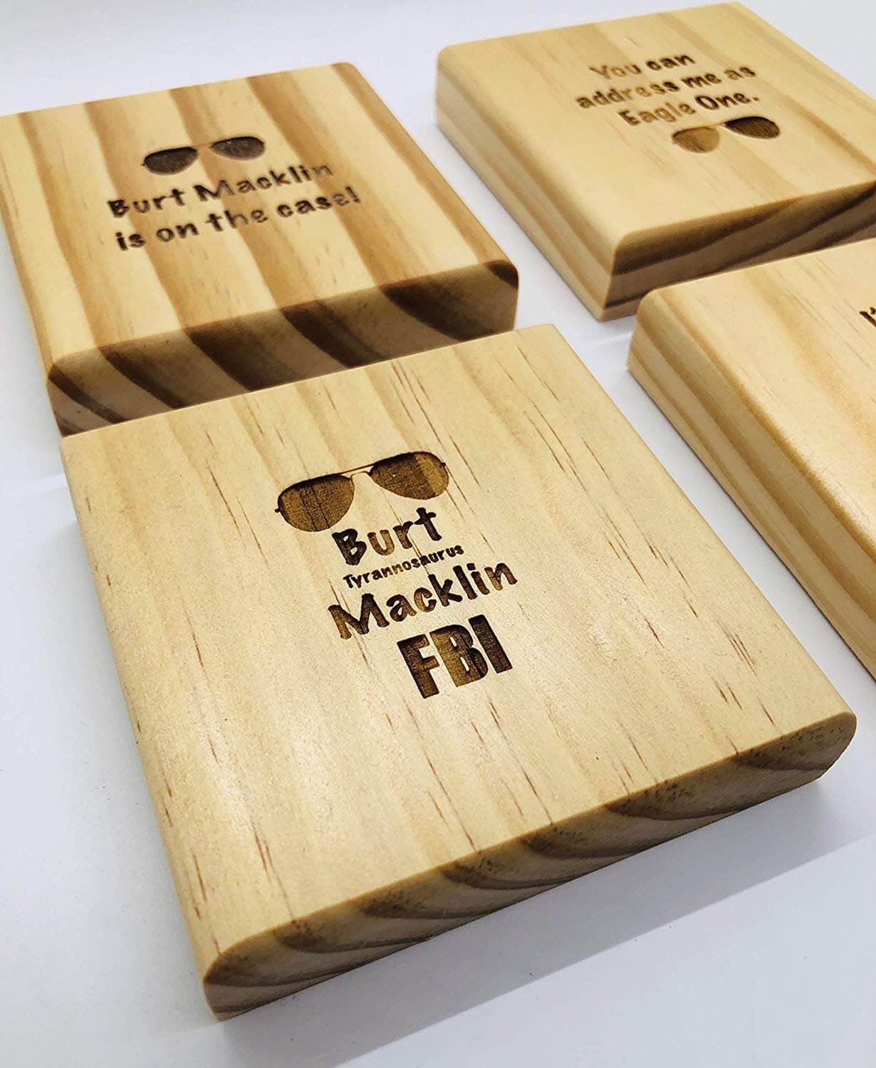 Burt Macklin Coasters: Permanent Engraved Gift Set of 4 Wood Coasters for Parks and Rec Fan, Andy Dwyer