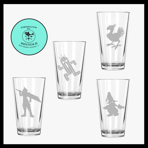 Final Fantasy Inspired Engraved Pint Glass Set of 4 Vivi, Cactuar, Chocobo, Cloud