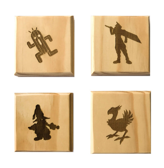 Video Game Permanent Engraved Gift Set of 4 Wood Coasters: Cloud, Vivi, Cactuar and Chocobo.