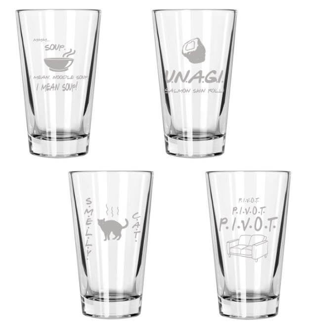 Friends Glasses Set of 4 Engraved 16 Ounce Drinking Glasses, Smelly Cat, Unagi, Pivot, Mmm Soup, Friends Fan Gift