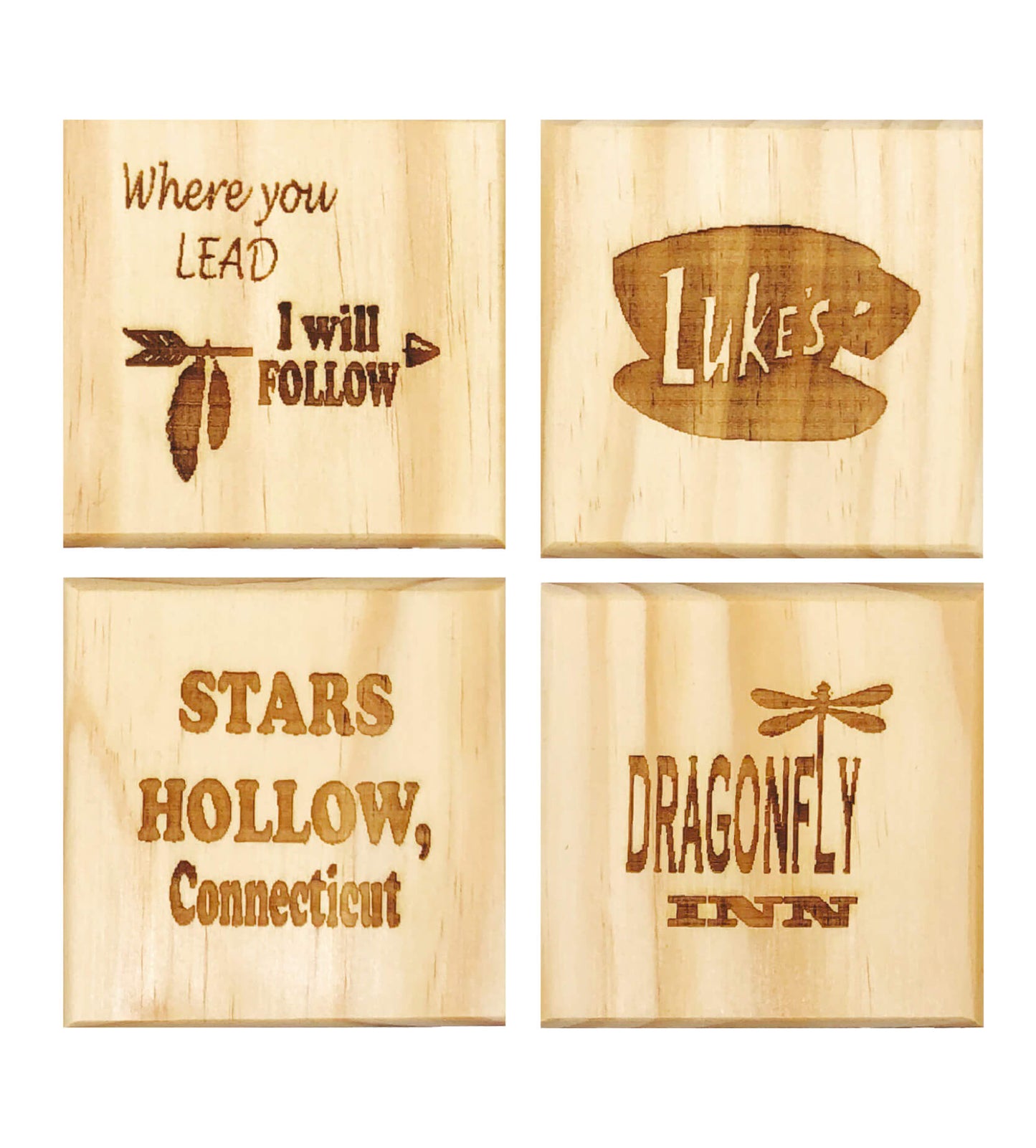 Gilmore Girls Inspired Coasters: Engraved Gift Set of 4, Stars Hollow, Duke's, Where You Lead I Will Follow, Dragonfly Inn