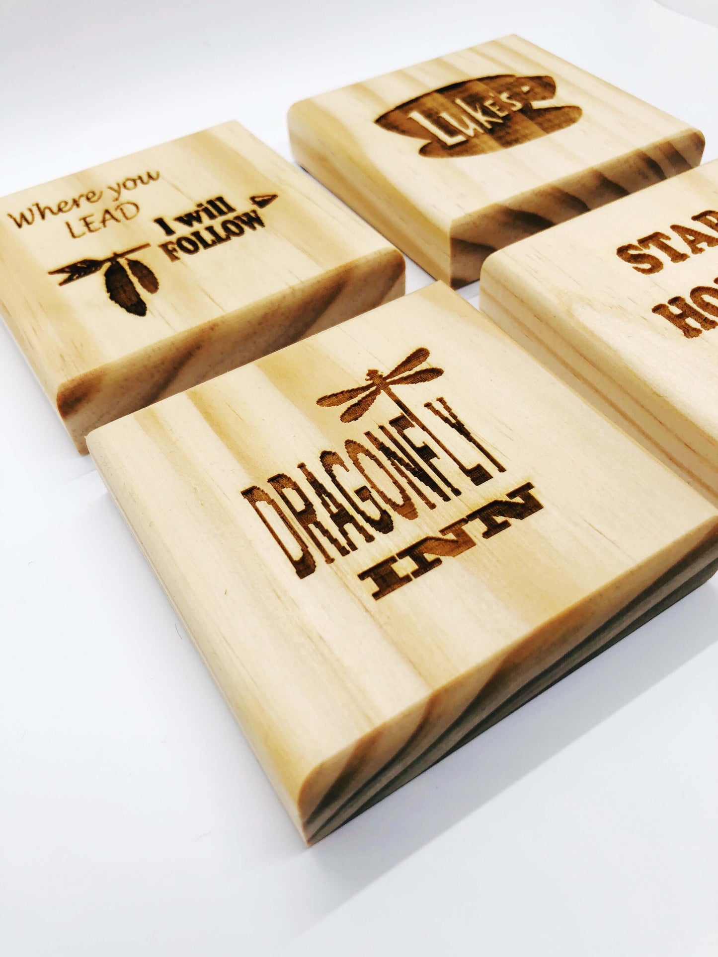 Gilmore Girls Inspired Coasters: Engraved Gift Set of 4, Stars Hollow, Duke's, Where You Lead I Will Follow, Dragonfly Inn