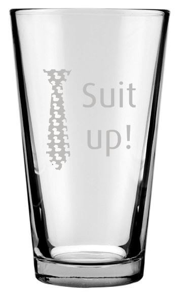 Glassware Set of Four Engraved 16 Ounce Drinking Glasses: Yellow Umbrella, Blue French Horn, Ducky Tie Suit up and Ted's Red Cowboy Boots