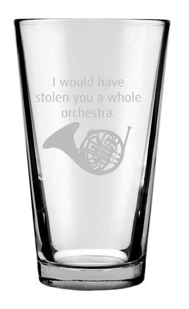 Glassware Set of Four Engraved 16 Ounce Drinking Glasses: Yellow Umbrella, Blue French Horn, Ducky Tie Suit up and Ted's Red Cowboy Boots