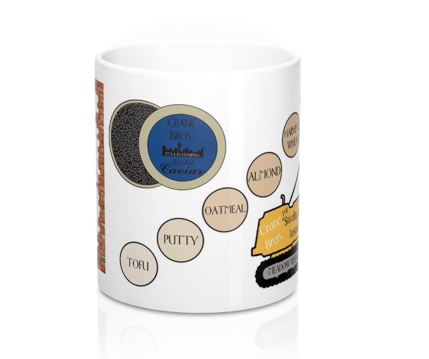 Frasier Mug Set of 2: TWO Different Coffee Mugs - Crane Brothers, Duke's, Caviar and Cork Master, Sherry Niles, Oh Dear God, I'm Listening Seattle Skyline