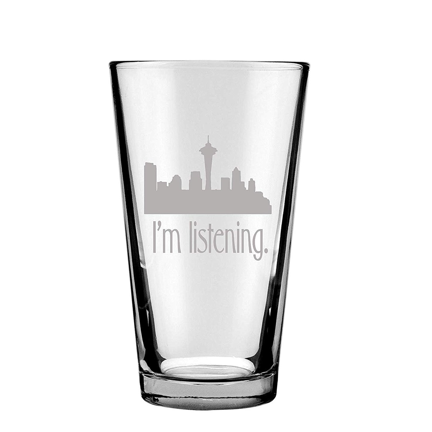 KACL Pint Glass Set of 2 - KACL and I'm Listening with Seattle Skyline, Frasier Fan Gift, Engraved Set of Two 16oz. Drinking Glasses
