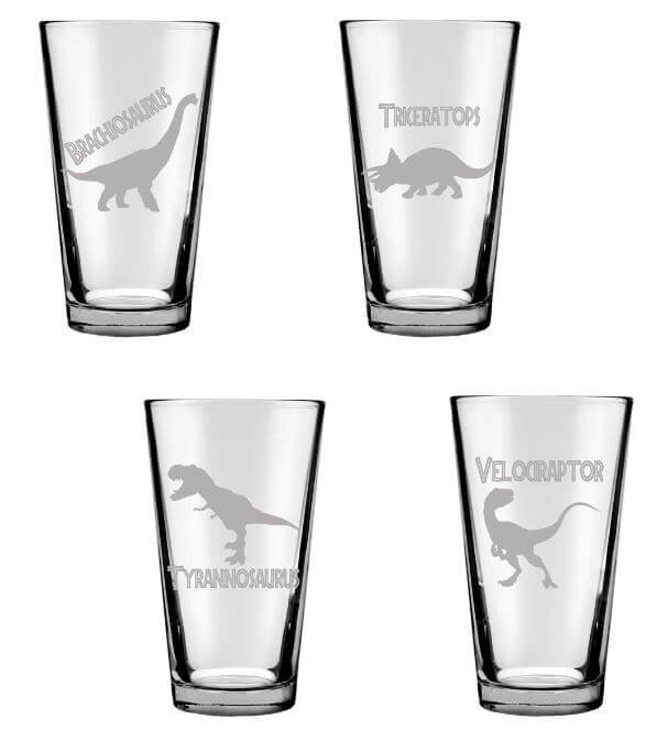 Jurassic Dinosaur Drinking Glass Set of 4 Engraved 16oz. Glasses, Dinosaur Gift for Adults, Dinosaur Housewarming Gift, Dinosaur Parties