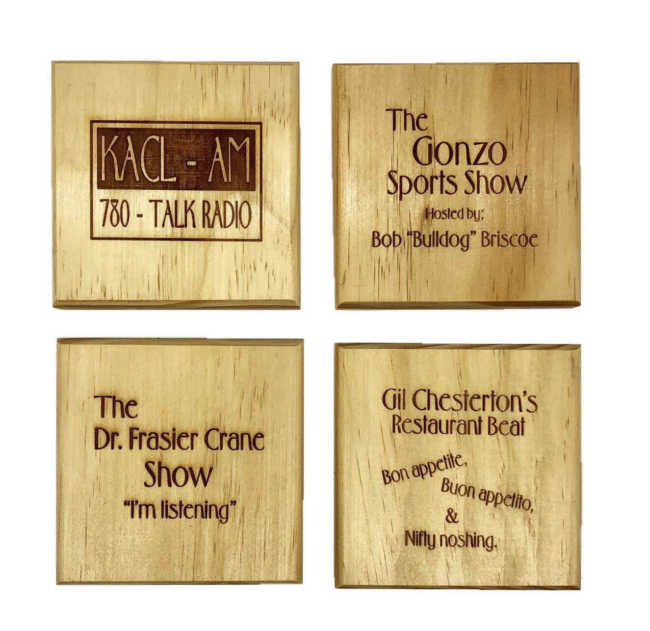 KACL Radio Show Coaster Set - Frasier Fan Gift Engraved REAL Wood Drink Coaster Set