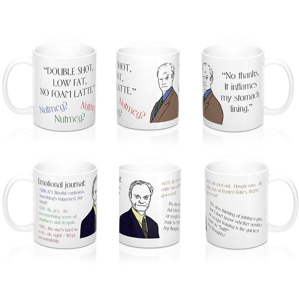 Niles Mug Set of TWO: Niles' Coffee Order and Niles' Emotional Journal, Frasier Fan Set