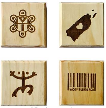 Puerto Rican Pride Coasters (by Brindle Designs): Permanent engraved gift set of 4 wood coasters. Coqui Symbol, Made in Puerto Rico Barcode, Map &, Taino Sun