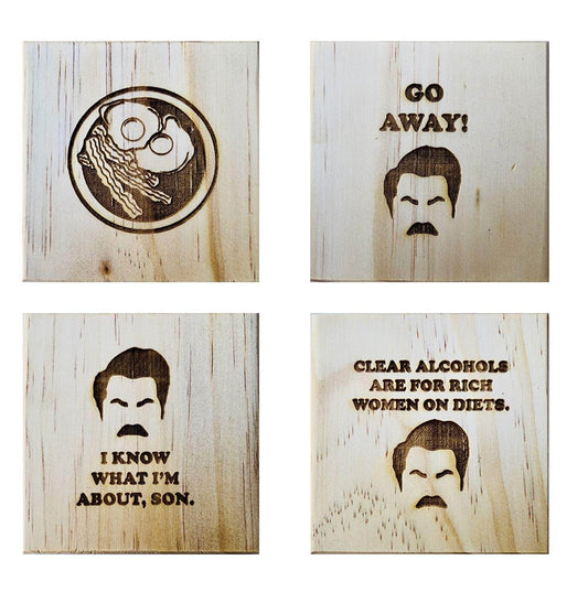 Ron Swanson Coasters: Permanent Engraved Gift Set of 4 Wood Coasters