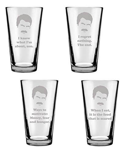 Ron Swanson Drinking Glasses: Parks and Recreation Inspired Engraved Pint Glass Gift Set for Ron Swanson Fan
