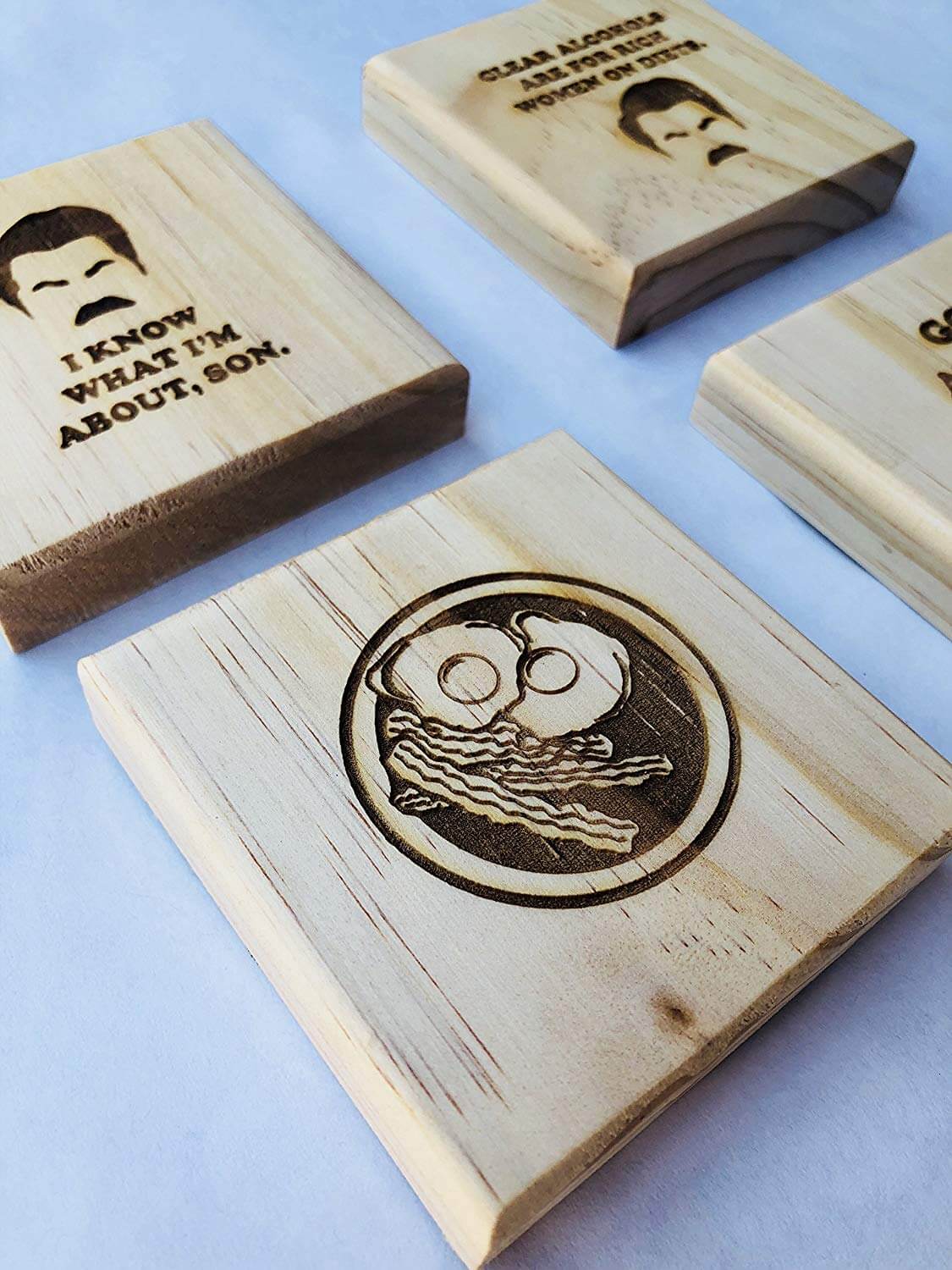 Ron Swanson Coasters: Permanent Engraved Gift Set of 4 Wood Coasters