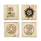 Winchester Bros. Drink Coasters - Gift Set of Four Engraved Real Wood Coasters: Anti-possession symbol, Devil's Trap,Stay inside the salt ring, and Saving people hunting things. (SPN fan gift)