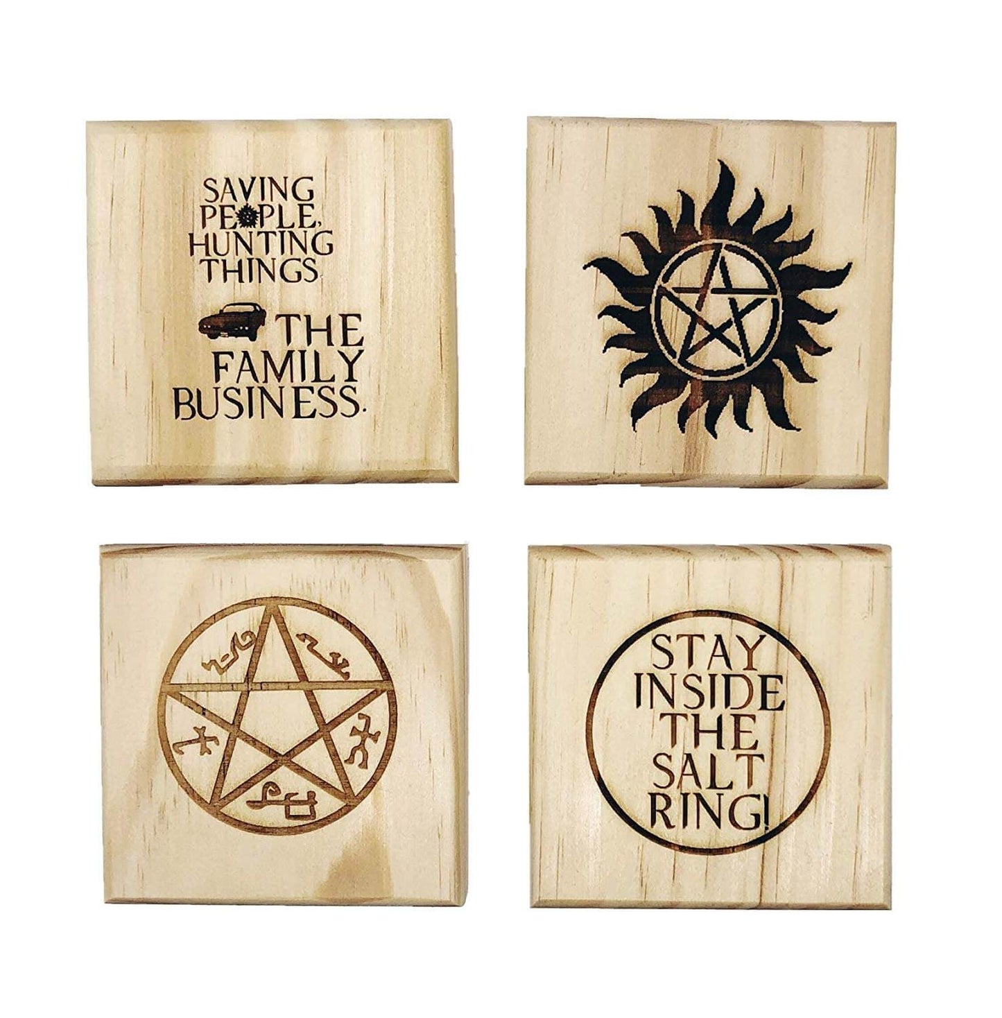 Winchester Bros. Drink Coasters - Gift Set of Four Engraved Real Wood Coasters: Anti-possession symbol, Devil's Trap,Stay inside the salt ring, and Saving people hunting things. (SPN fan gift)