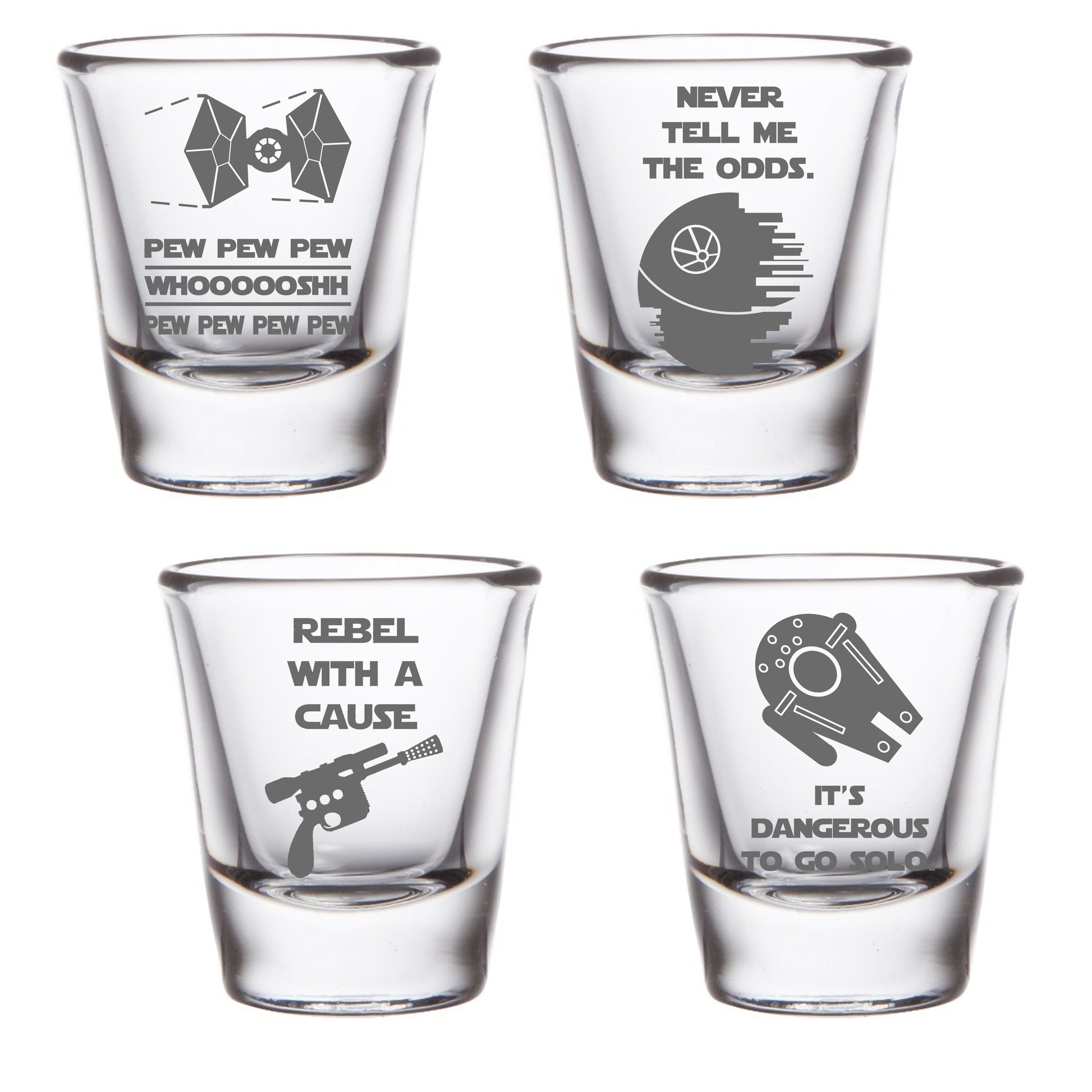 Etched Star SW Wars Pint Glass Set of 4: Pew Pew, Never Tell Me The Odds,  Dangerous To Go Solo, Rebe…See more Etched Star SW Wars Pint Glass Set of  4