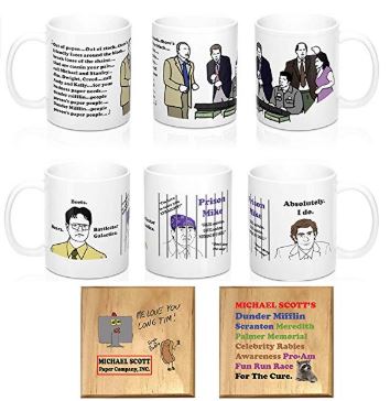 Michael Scott Mug and Paper Company Mug and Coaster Set of 4: The People Person's Paper People, Prison Mike, Dwight, Jim,Fun Run Race