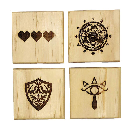 Zelda Drink Coasters - Gift Set of Four Engraved Real Wood Coasters: Eye Symbol, Gate of Time, Hylian Shield, 8 Bit Hearts (Gamer gift)