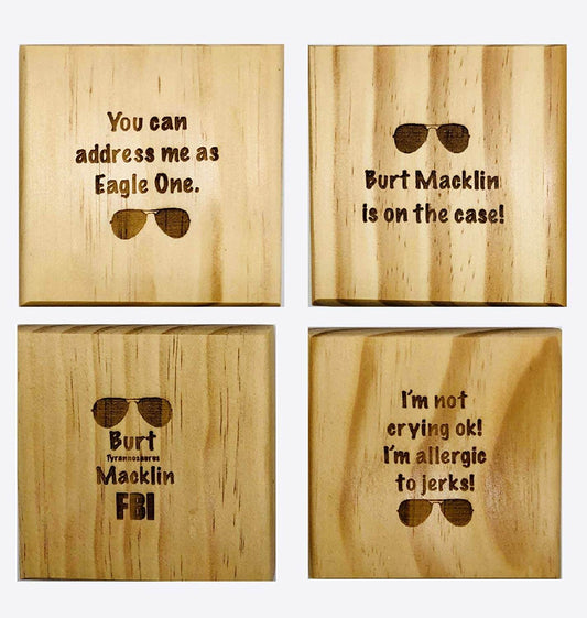 Burt Macklin Coasters: Permanent Engraved Gift Set of 4 Wood Coasters for Parks and Rec Fan, Andy Dwyer