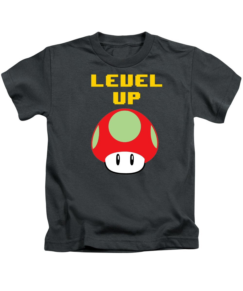 Level Up Mushroom, Classic 8 Bit Entertainment System Characters. Babies From The 80's.  - Kids T-Shirt
