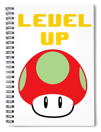 Level Up Mushroom, Classic 8 Bit Entertainment System Characters. Babies From The 80's.  - Spiral Notebook