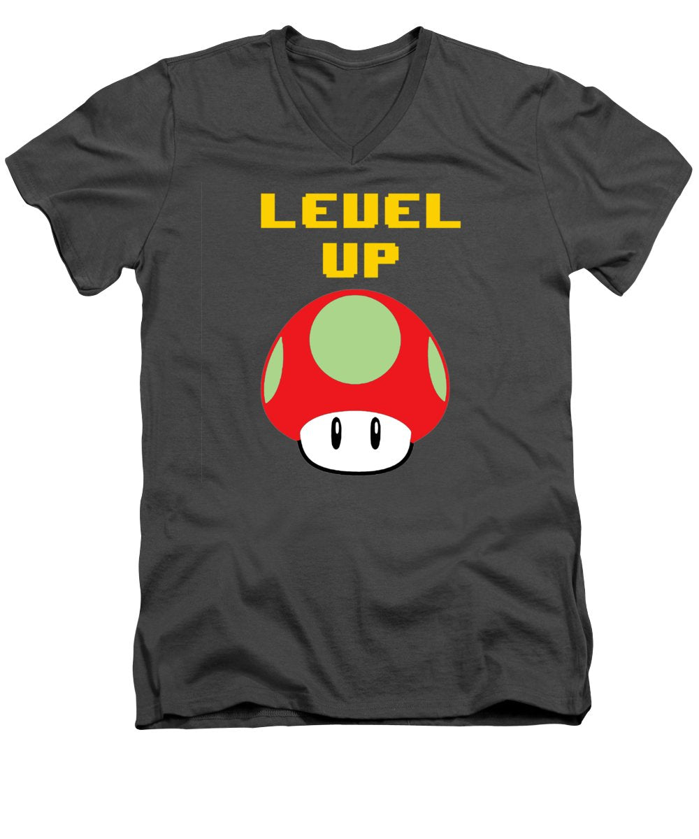 Level Up Mushroom, Classic 8 Bit Entertainment System Characters. Babies From The 80's.  - Men's V-Neck T-Shirt