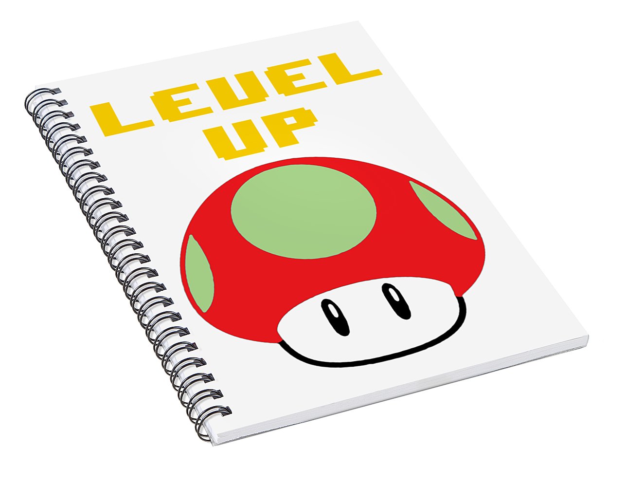 Level Up Mushroom, Classic 8 Bit Entertainment System Characters. Babies From The 80's.  - Spiral Notebook