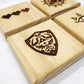 Zelda Drink Coasters - Gift Set of Four Engraved Real Wood Coasters: Eye Symbol, Gate of Time, Hylian Shield, 8 Bit Hearts (Gamer gift)